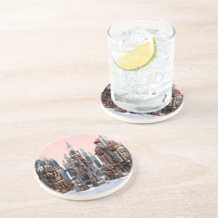 Pastel Futuristic City Fantasy Skyline Art Coaster