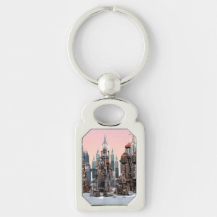 Pastel Futuristic City Fantasy Skyline Art Keychain