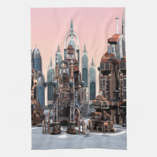 Pastel Futuristic City Fantasy Skyline Art Kitchen Towel