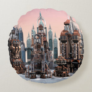 Pastel Futuristic City Fantasy Skyline Art Round Pillow