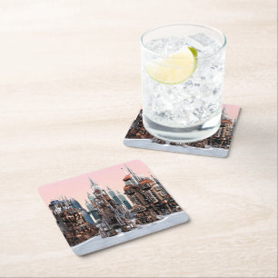 Pastel Futuristic City Fantasy Skyline Art Square Paper Coaster