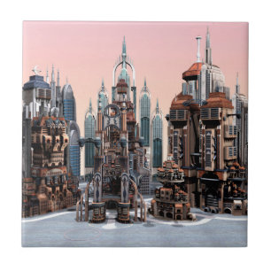 Pastel Futuristic City Fantasy Skyline Art Tile