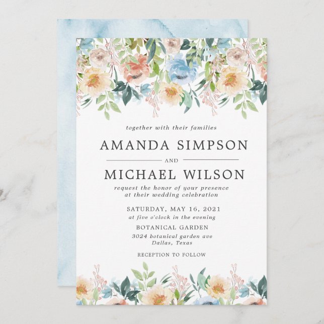 Pastel Garden Floral Elegant Wedding Invitations (Front/Back)