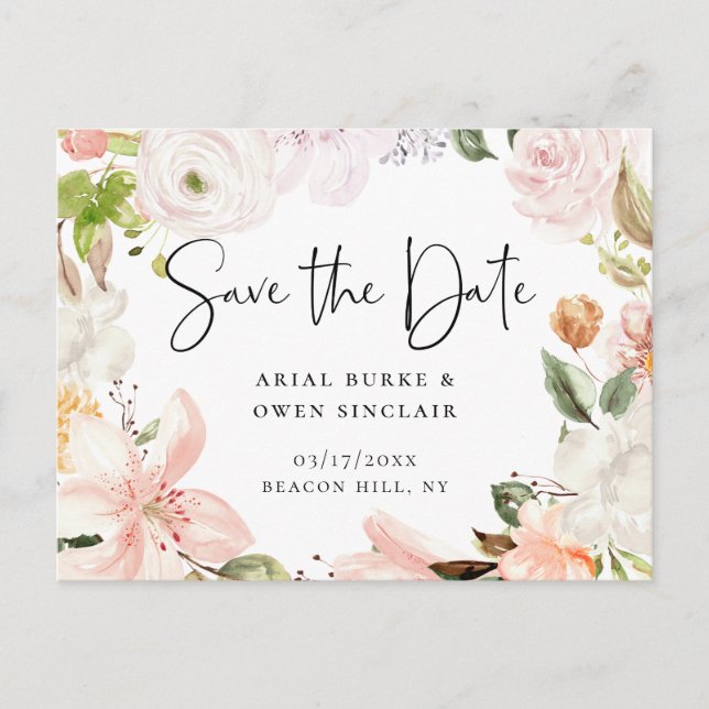 Pastel Garden Floral Wreath Save the Date Announcement Postcard (Front)