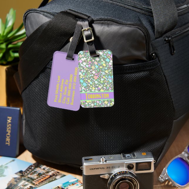 Pastel Geometric Pattern Custom Name Luggage Tag (Front & Back)