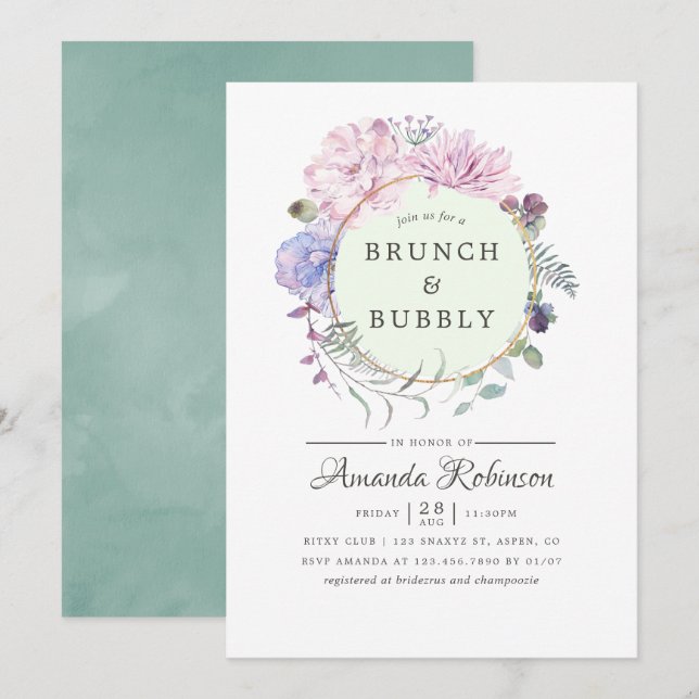 Pastel Geometric Peonies Floral Brunch and Bubbly Invitation (Front/Back)