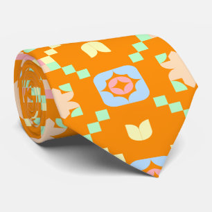 Pastel Geometric Pixel Pattern on Vibrant Orange  Tie