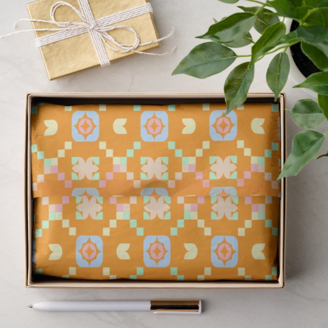 Pastel Geometric Pixel Pattern on Vibrant Orange  Tissue Paper (Gift)