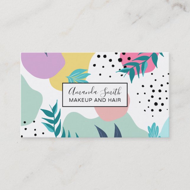 Pastel geometric shapes tropical leaf pattern business card (Front)