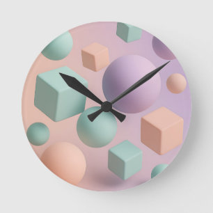 Pastel Geometric Spheres Cubes Round Clock