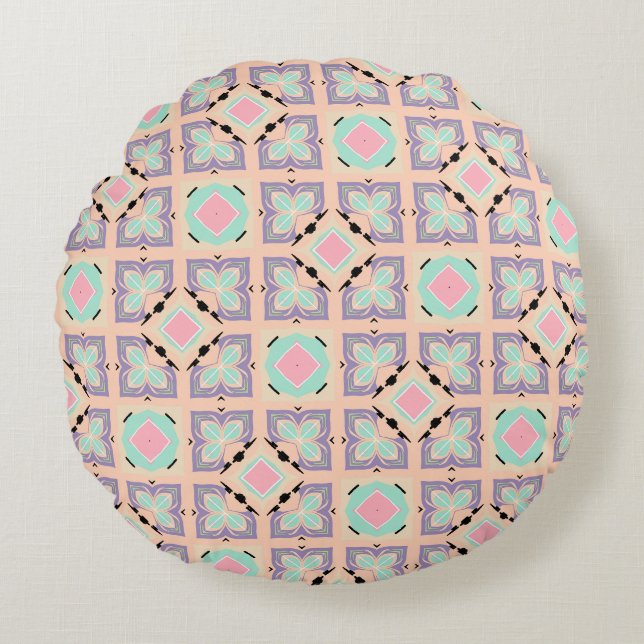 Pastel Geometric Tile Pattern | Pink Mint Purple  Round Pillow (Front)