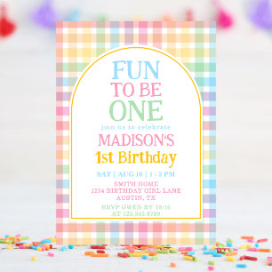 Pastel Gingham Fun to Be One 1st Birthday Invitation