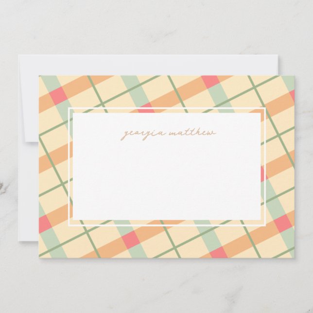 Pastel Gingham Plaid Personalized Note Card  (Front)