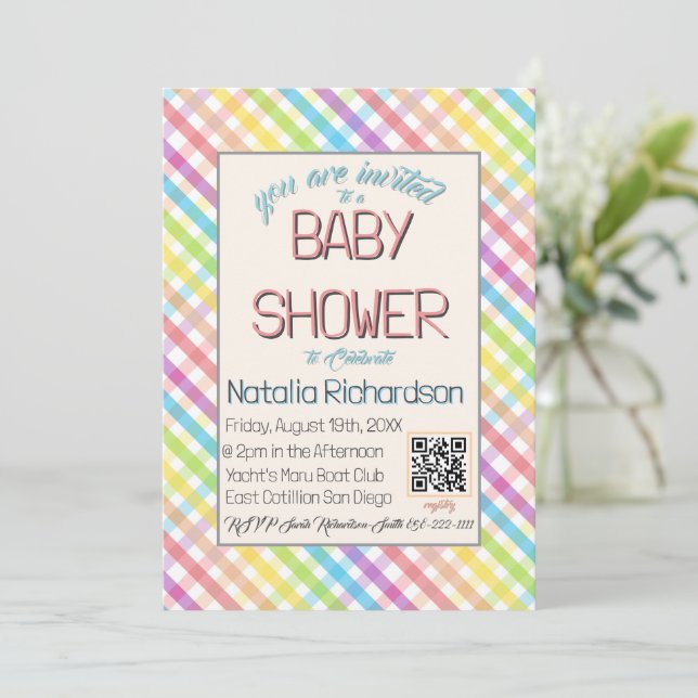 Pastel Gingham Rainbow Baby Shower Pink Invitation (Standing Front)