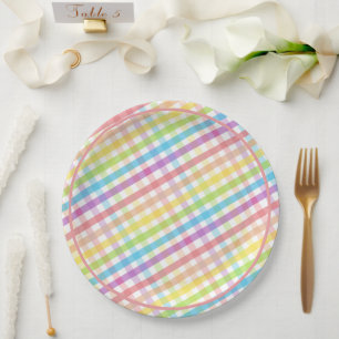 Pastel Gingham Rainbow Pink Baby Shower Paper Plate