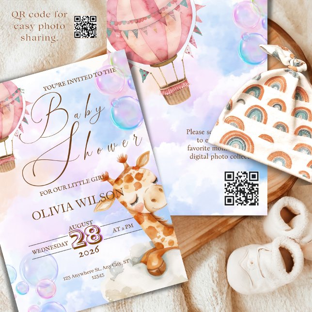 Pastel Giraffe Baby Shower Invitation with QR Code (baby shower qr code)