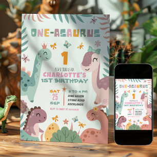 Pastel Girl Dinosaur 1st Birthday Invitation