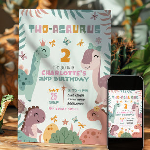 Pastel Girl Dinosaur 2nd Birthday Invitation