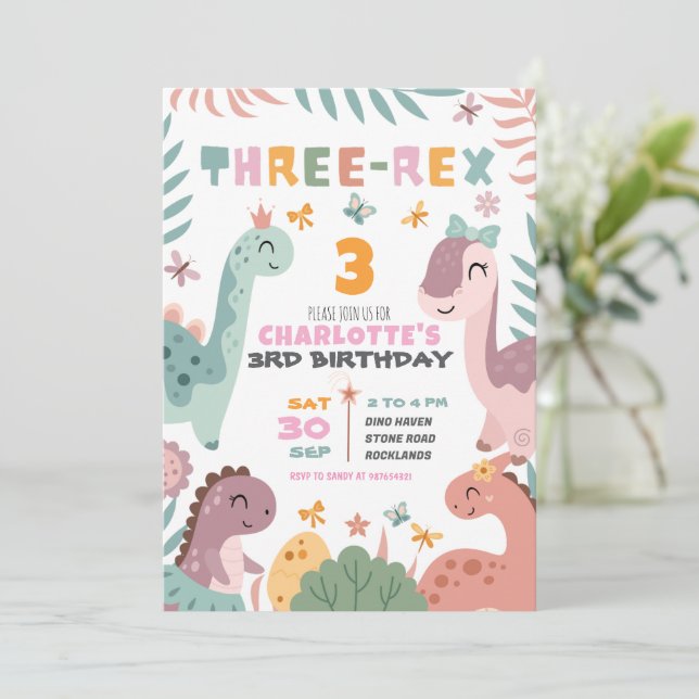 Pastel Girl Dinosaur 3rd Birthday Invitation (Debout devant)