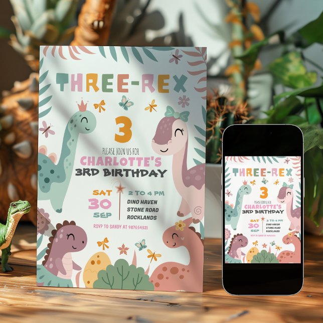 Pastel Girl Dinosaur 3rd Birthday Invitation (Creator Uploaded)