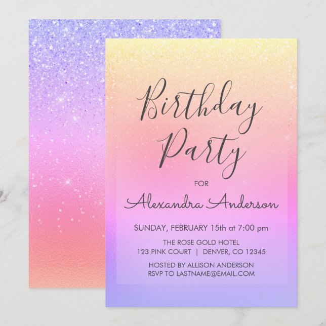 Pastel Girly Glitter Sparkle Any Age Birthday Invitation (Front/Back)