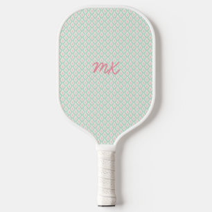 Pastel Girly Green & Pink Pattern With Initials Pickleball Paddle