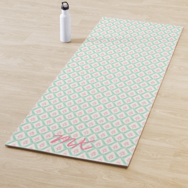 Pastel Girly Green & Pink Pattern With Initials Yoga Mat (In Situ)