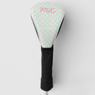 Pastel Girly Pink & Green Pattern with Initials Golf Head Cover
