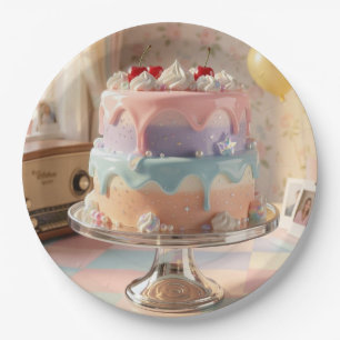 Pastel Glass Birthday Cake with Cherries   Paper Plate