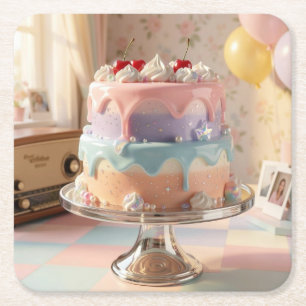 Pastel Glass Birthday Cake with Cherries   Square Paper Coaster