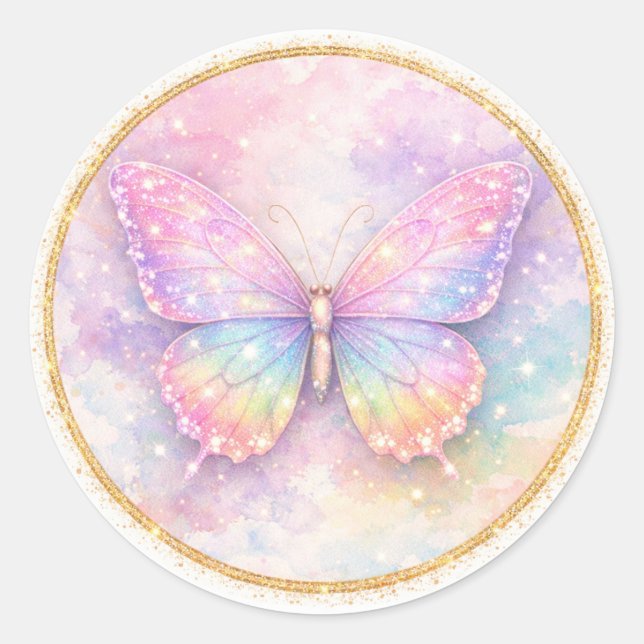 Pastel Glitter Butterfly Circle Classic Round Sticker (Front)