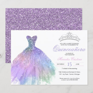 Pastel Glitter Mermaid Unicorn Rainbow Quinceañera Invitation