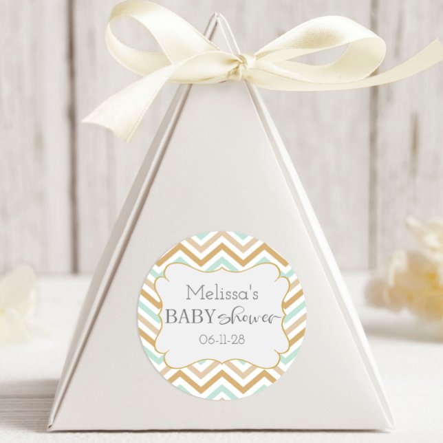 Pastel Gold and Green Zig Zag Neutral Baby Classic Round Sticker (Creator Uploaded)