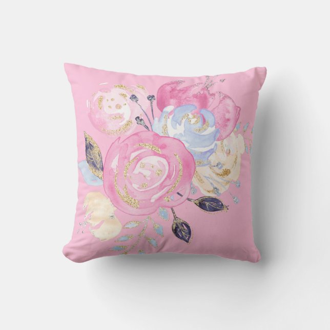 Pastel Gold Glitter Flowers Throw Pillow (Front)