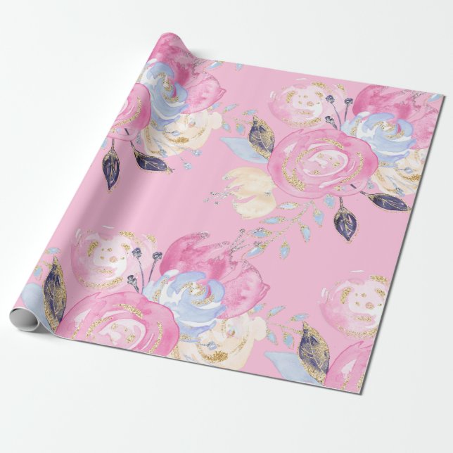 Pastel Gold Glitter Flowers Wrapping Paper (Unrolled)