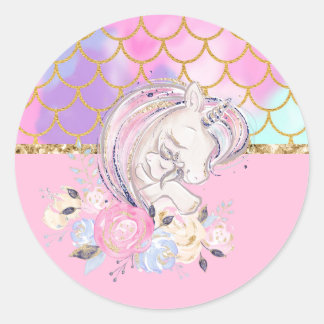 Pastel Gold Glitter Unicorn and Baby with Flowers Classic Round Sticker