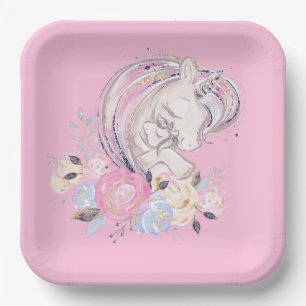 Pastel Gold Glitter Unicorn and Baby with Flowers  Paper Plate