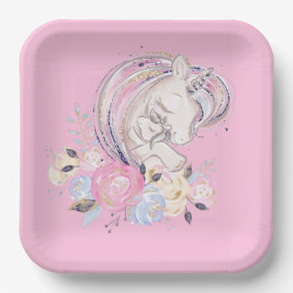 Pastel Gold Glitter Unicorn and Baby with Flowers Paper Plate