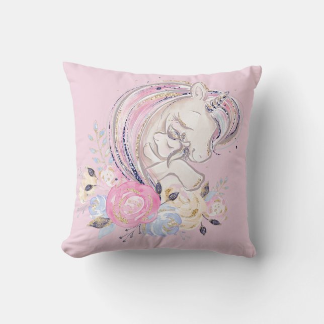 Pastel Gold Glitter Unicorn and Baby with Flowers Throw Pillow (Front)