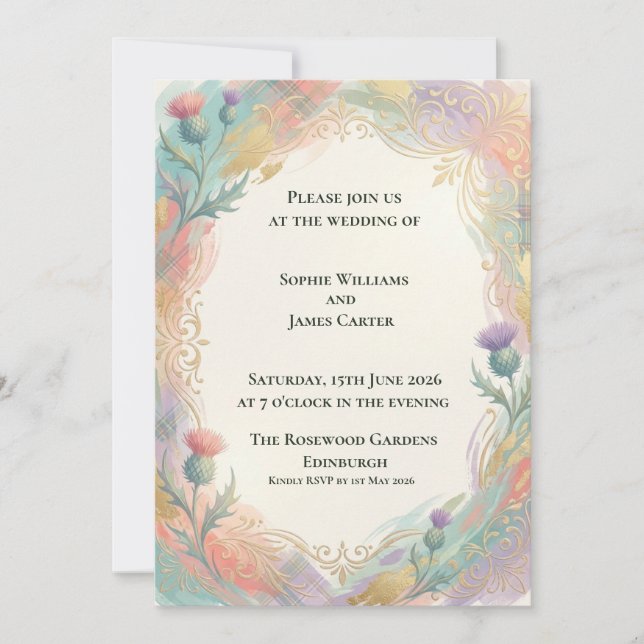 Pastel Gold Thistle Wedding Invitation (Front)