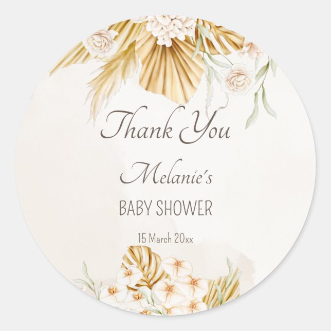 Pastel golden brown boho dried flowers baby shower classic round sticker (Front)