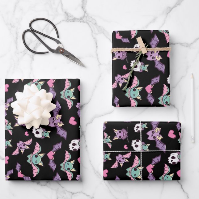 Pastel Goth Bat Lover Halloween Wrapping Paper Sheet (Front)