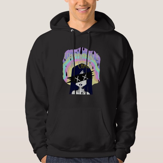 Pastel goth being comfortable in chaos hoodie (Front)