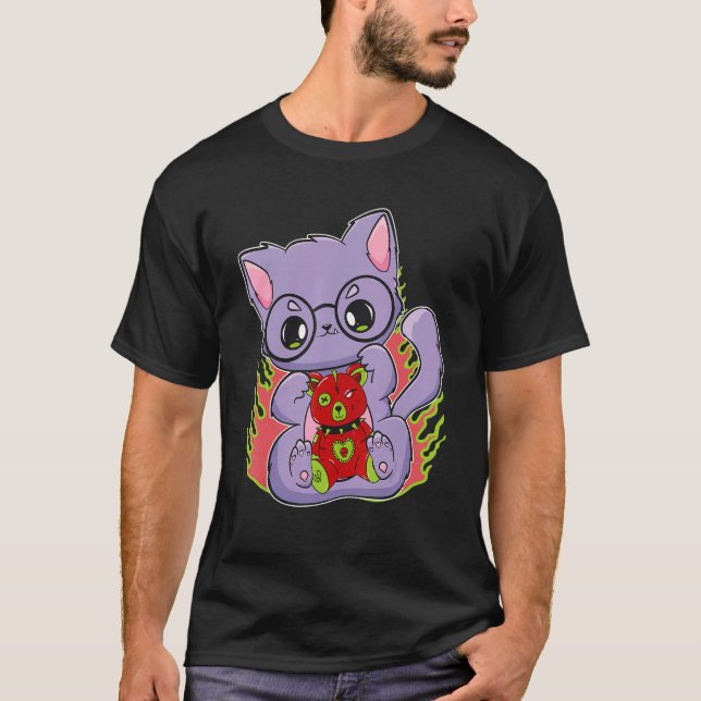 Pastel Goth Cat With Teddy Bear For Horror Fans T-Shirt (Front)