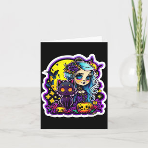 Pastel Goth Girl Black Cat Halloween Art Card
