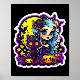 Pastel Goth Girl Black Cat Halloween Art Poster