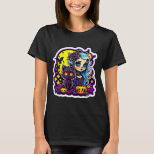Pastel Goth Girl Black Cat Halloween Art T-Shirt