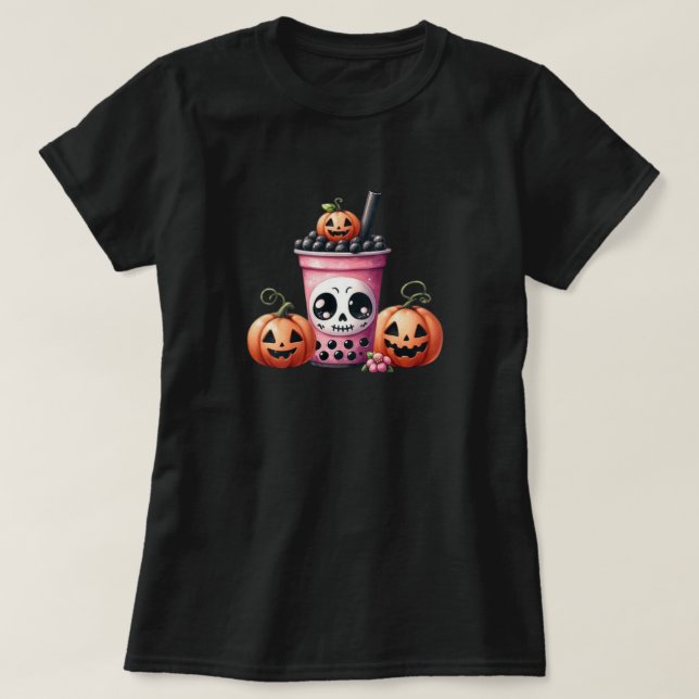 Pastel Goth Halloween Boba and Pumpkins Tee (Design Front)