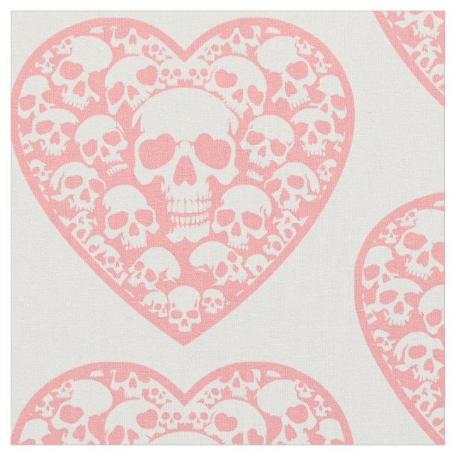 pastel goth valentines pink heart skull  fabric (Close Up)