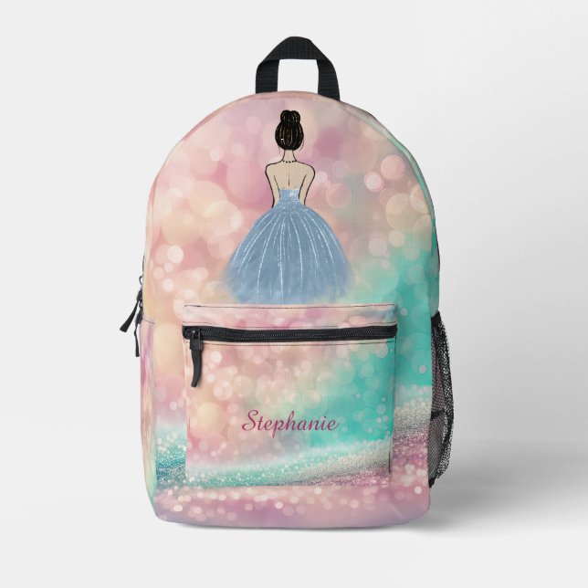 Pastel Gradient Glitter Rainbow Bokeh Printed Backpack (Front)